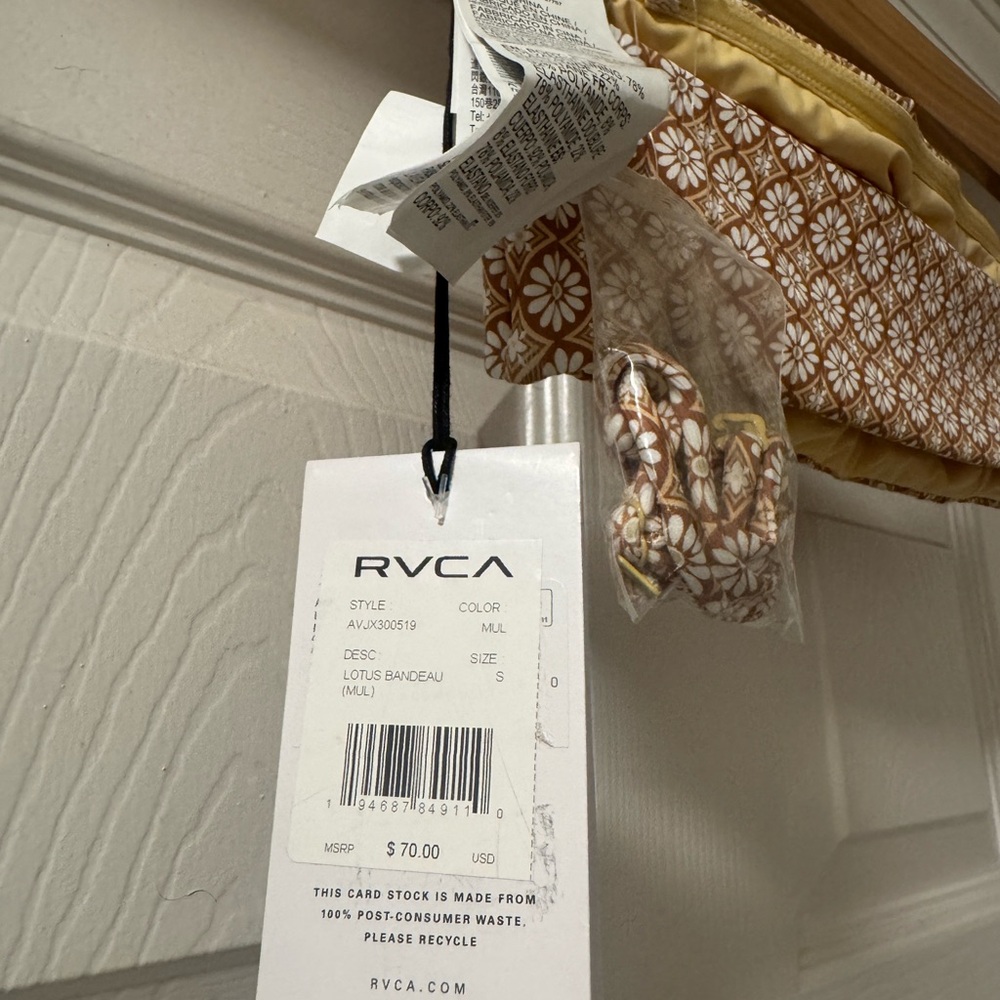 RVCA Brown and White Lotus Bandeau Bikini Swim Top - Picture 2 of 10